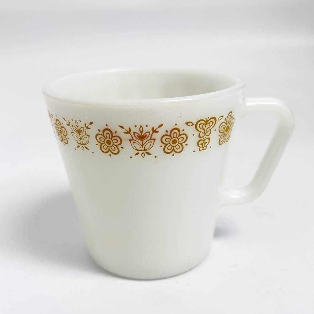 Pyrex Corning Golden Butterfly Flower White Milk Glass Mug
